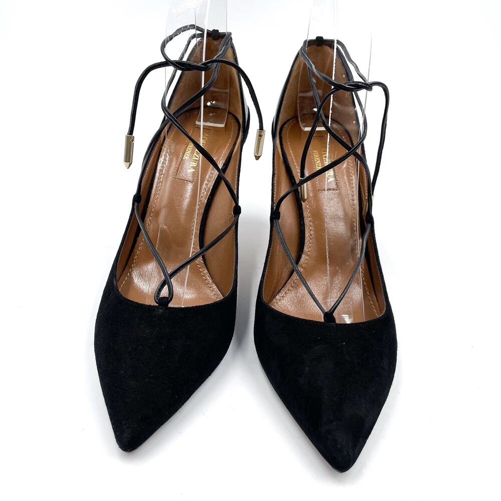 Aquazzura Fellini Pumps Black Suede Leather Trimmed Pointed Ankle Tie Sz 37 /‎ 7 - Picture 8 of 14